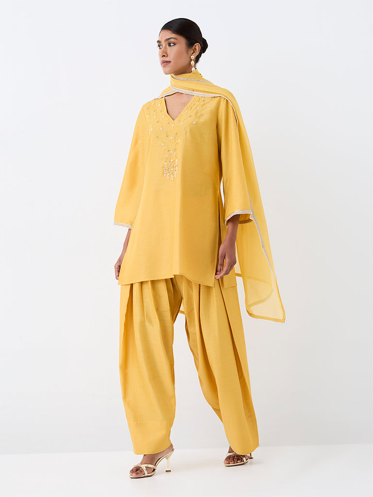 Vark Yellow Embellished Short Kurta and Salwar Ethnic Set