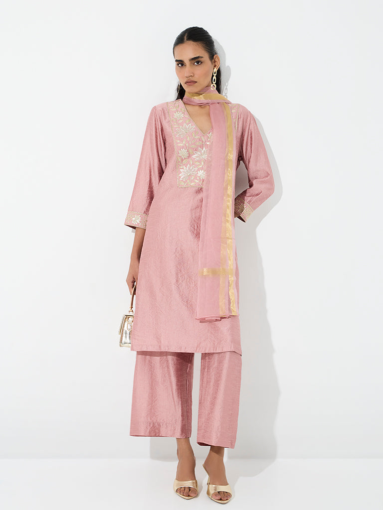 Vark Pink Floral Embroidered Straight Ethnic Set