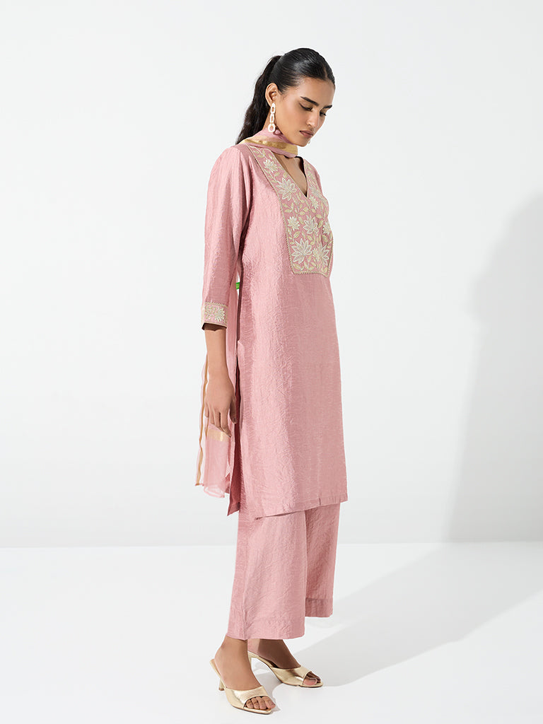 Vark Pink Floral Embroidered Straight Ethnic Set