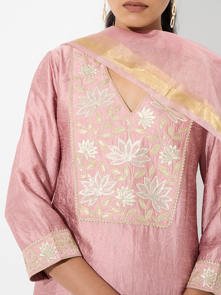 Vark Pink Floral Embroidered Straight Ethnic Set