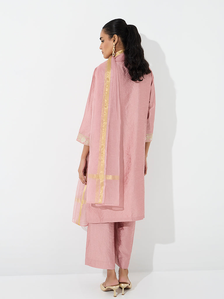 Vark Pink Floral Embroidered Straight Ethnic Set