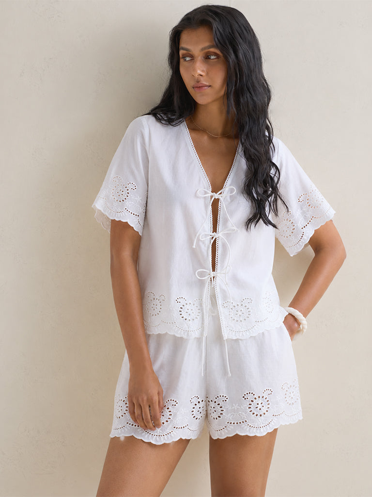 Wunderlove White Broderie Anglaise Cotton Beach Top