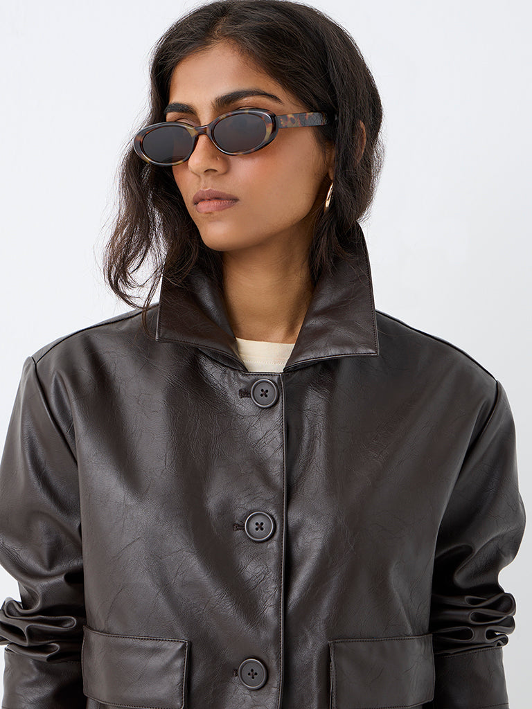 LOV Dark Brown Crinkle-Textured Faux Leather Jacket