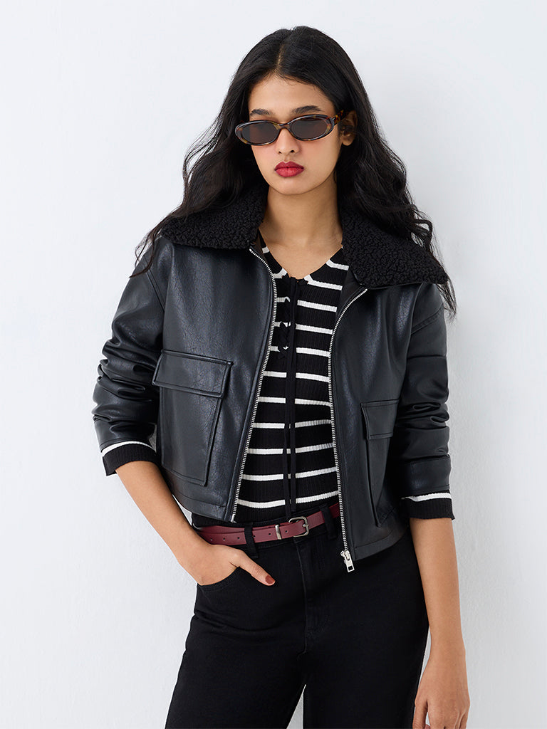 LOV Black Borg-Collar Faux Leather Cotton Jacket