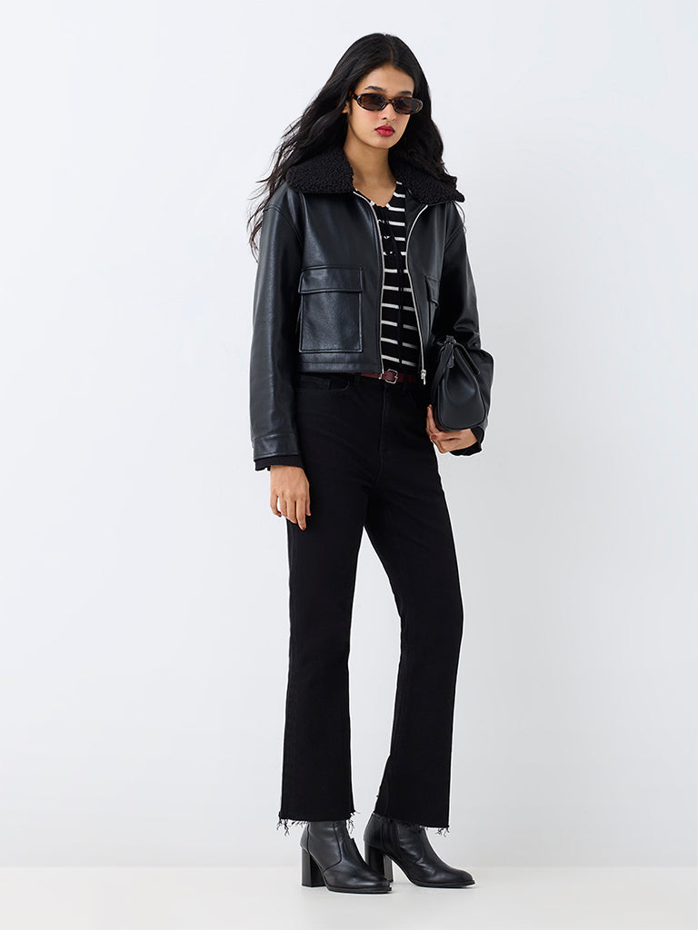 LOV Black Borg-Collar Faux Leather Cotton Jacket