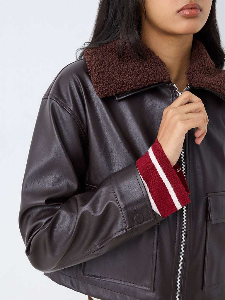 LOV Dark Brown Borg-Collar Faux Leather Linen-Blend Jacket