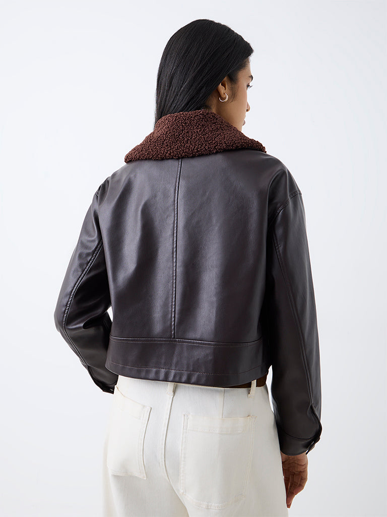 LOV Dark Brown Borg-Collar Faux Leather Linen-Blend Jacket