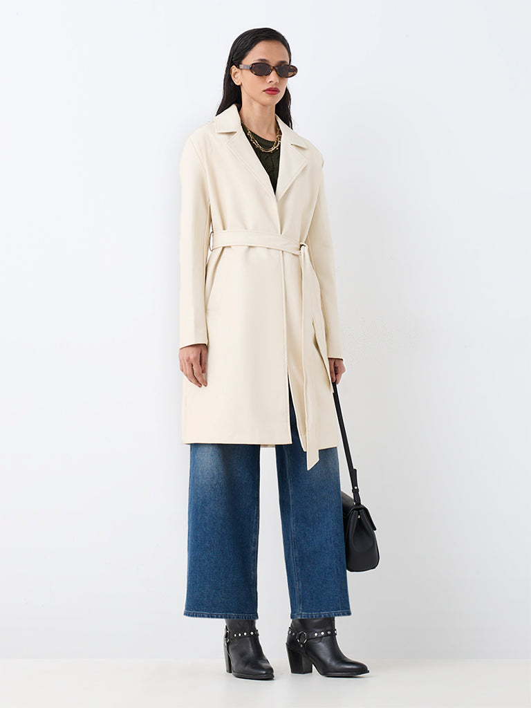 LOV Ivory Solid Faux Leather Trench Coat with Belt