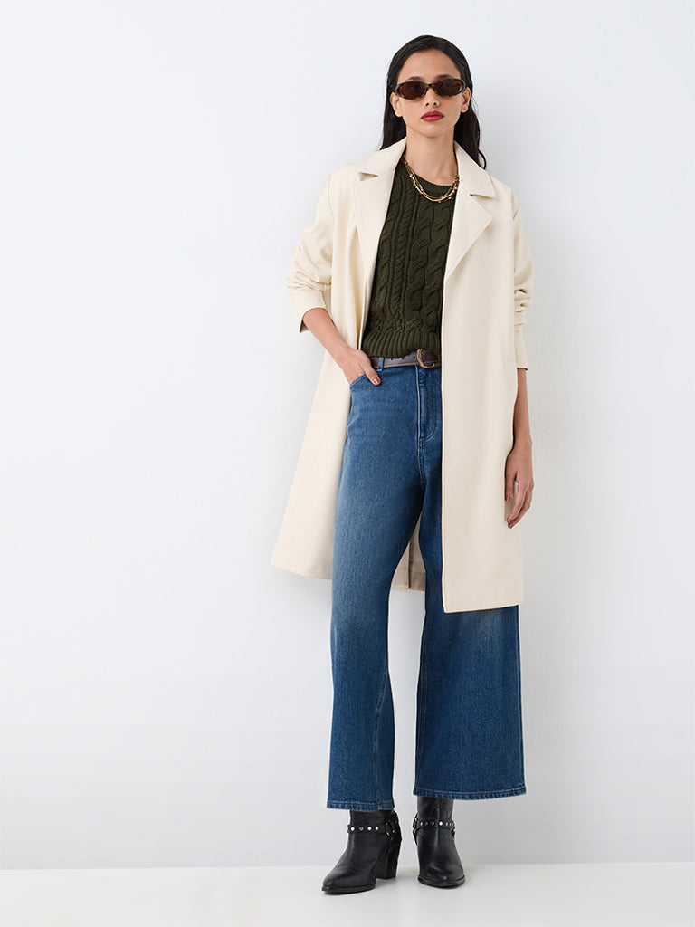 LOV Ivory Solid Faux Leather Trench Coat with Belt