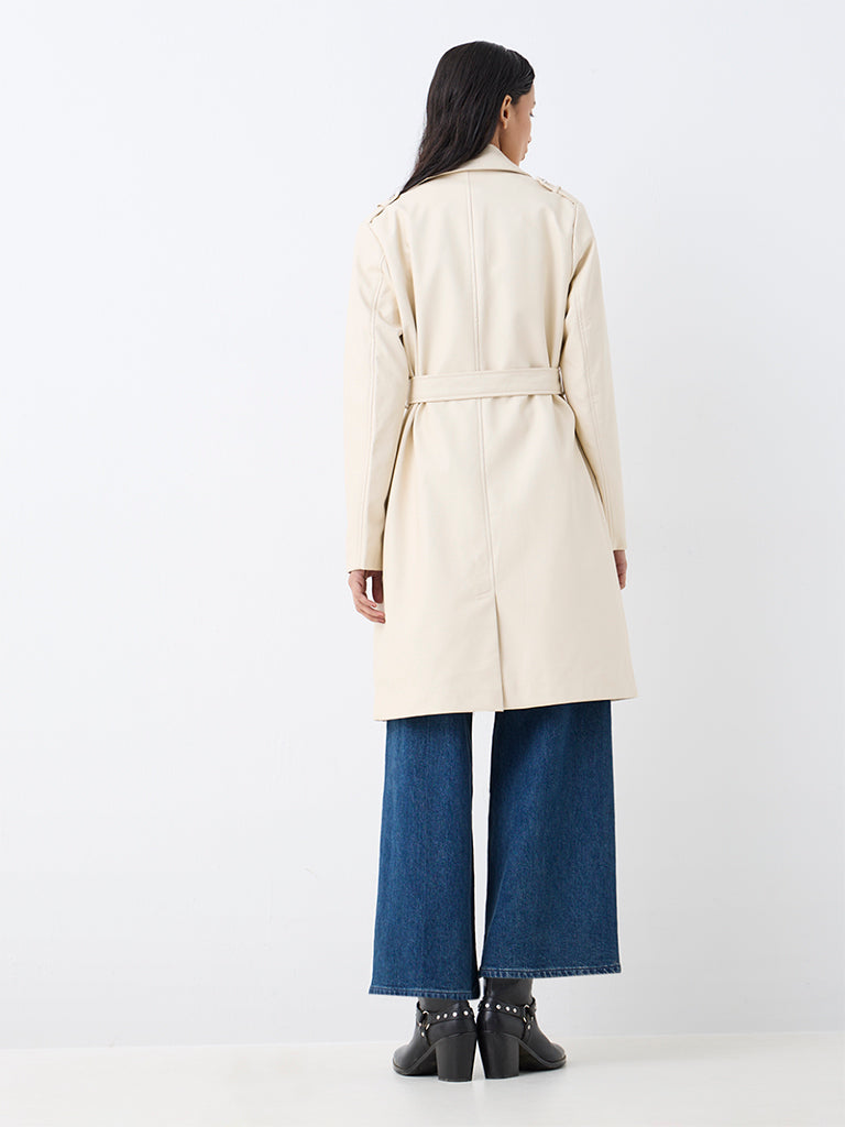 LOV Ivory Solid Faux Leather Trench Coat with Belt