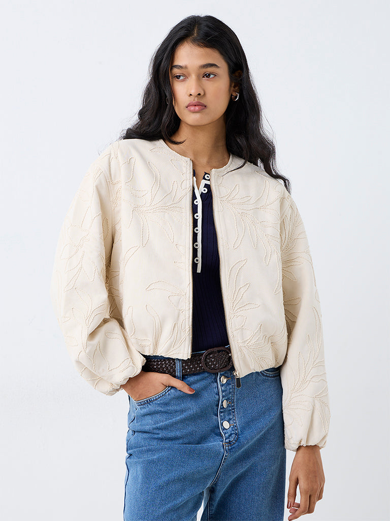 LOV Cream Foliage Embroidered Suede Jacket