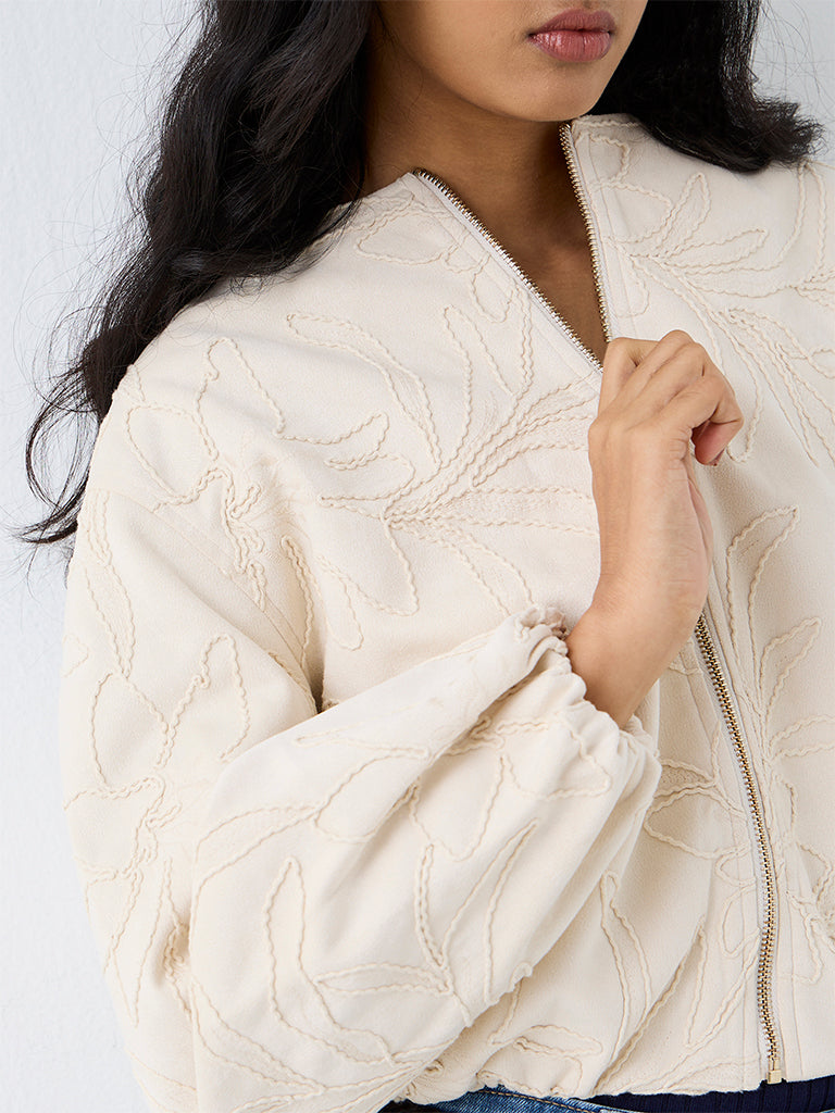 LOV Cream Foliage Embroidered Suede Jacket