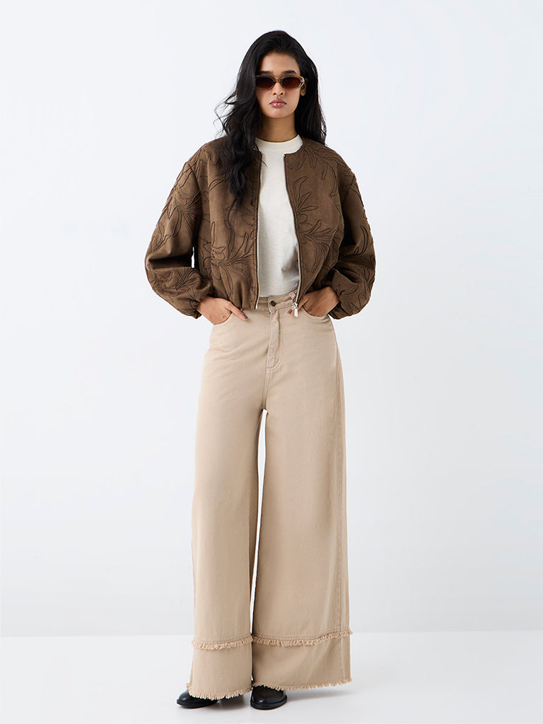 LOV Brown Floral Embroidered Suede Jacket