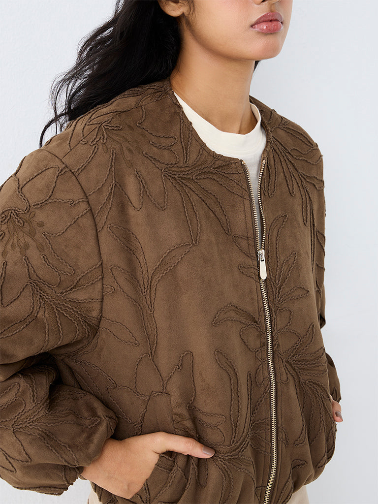 LOV Brown Floral Embroidered Suede Jacket
