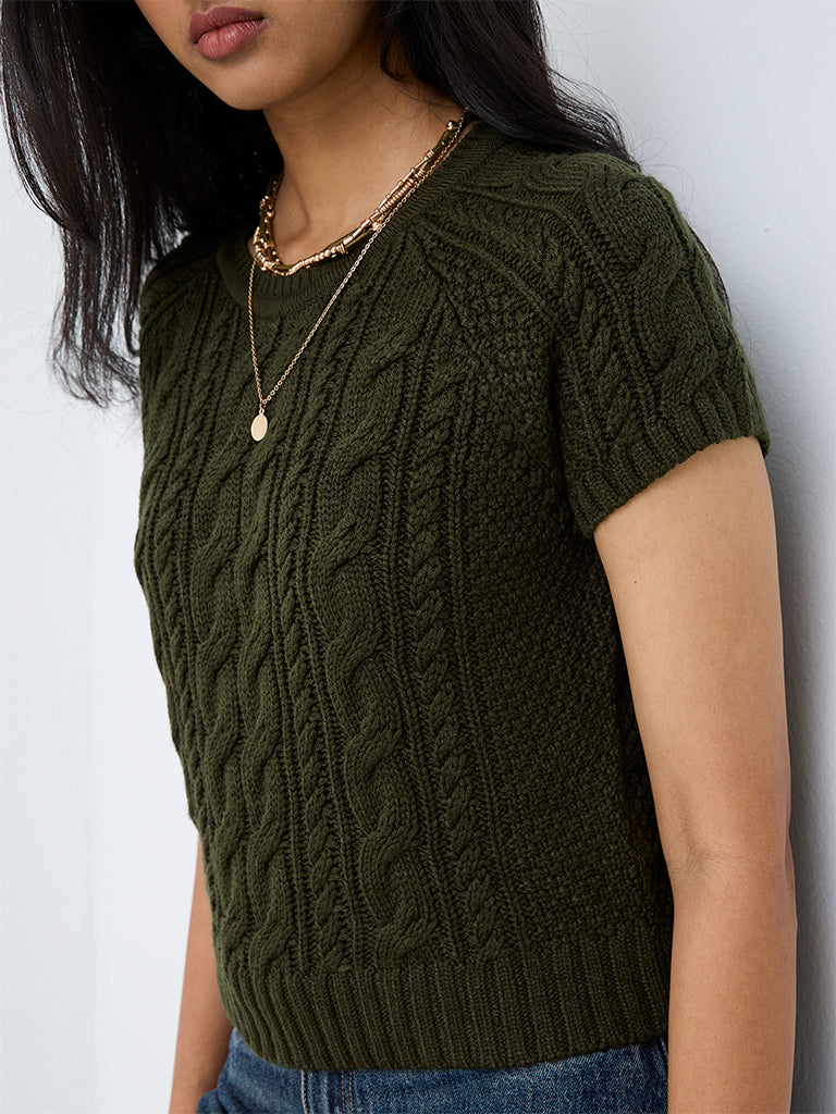 LOV Dark Olive Cable-Knit Top