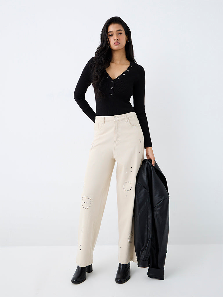 LOV Black Ribbed-Textured Henley Top