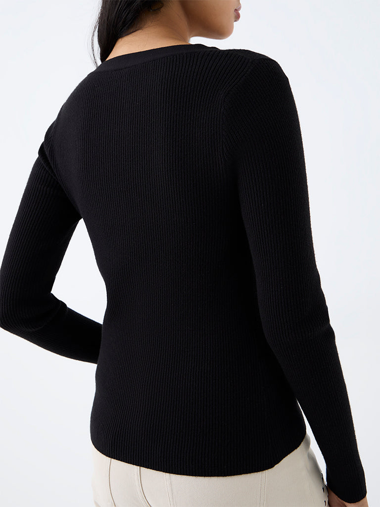 LOV Black Ribbed-Textured Henley Top
