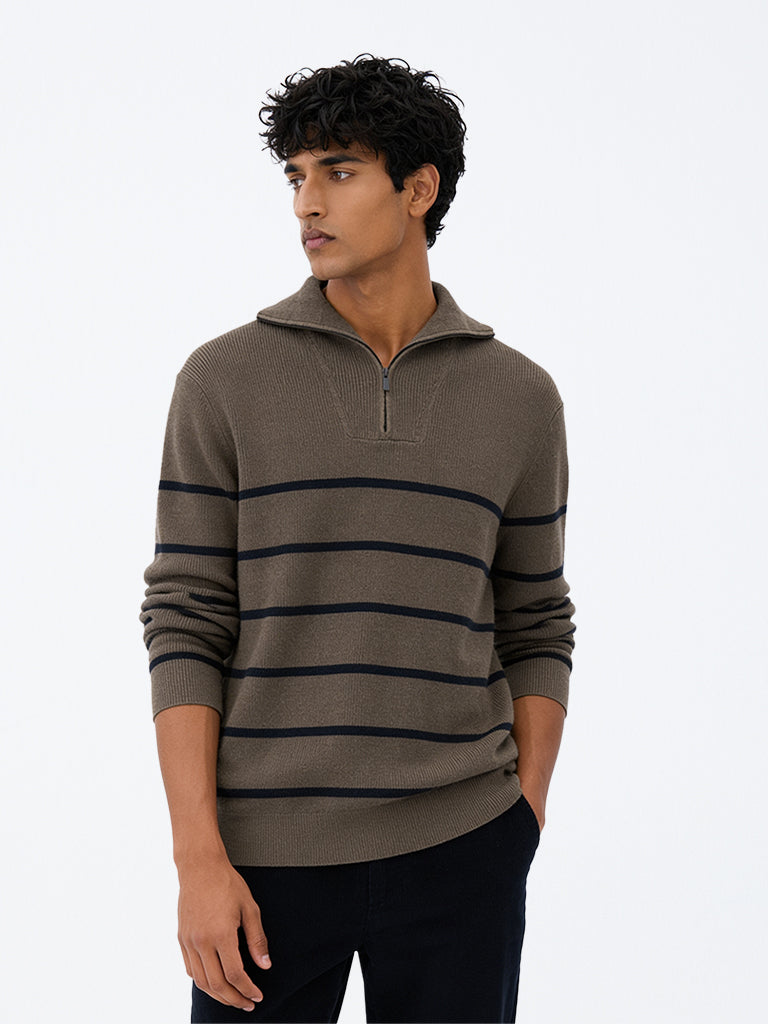 WES Casuals Dark Taupe Striped Relaxed-Fit Cotton-Blend Quarter-Zip Sweatshirt