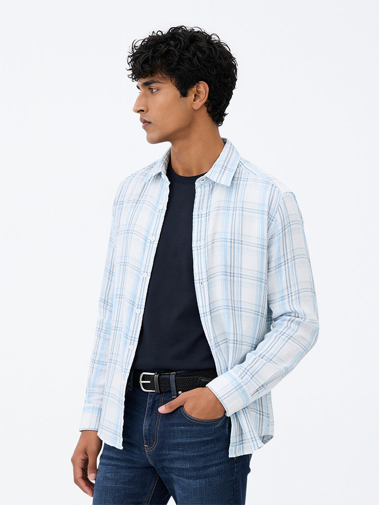 WES Casuals Blue Checkered Relaxed-Fit Shirt