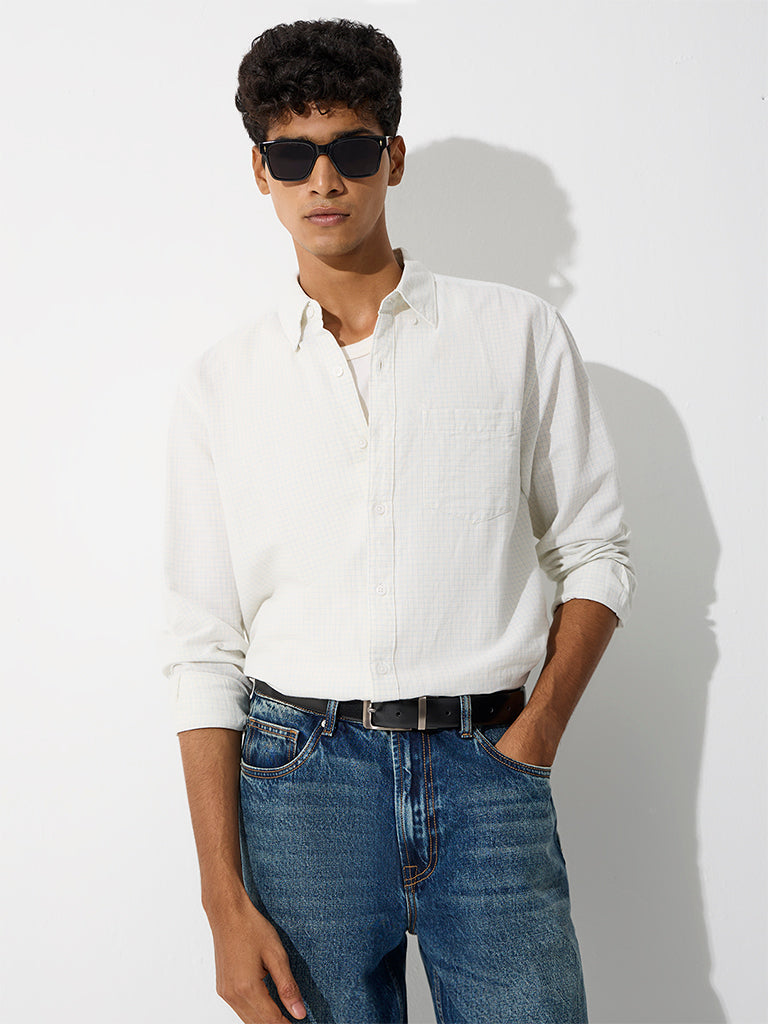 WES Casuals Off-White Checkered Relaxed-Fit Cotton-Blend Shirt