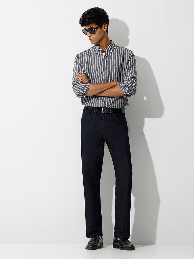 WES Casuals Black Striped Relaxed-Fit Cotton-Blend Shirt