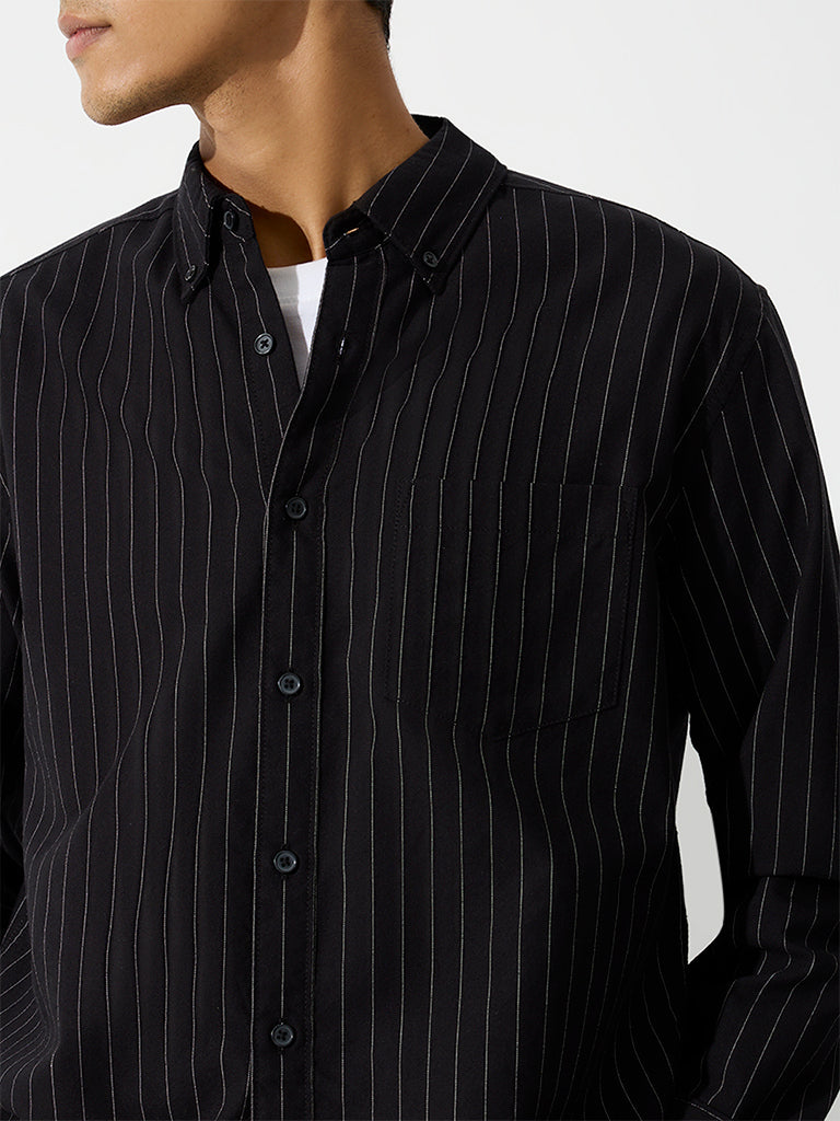 WES Casuals Black Pinstripe Printed Relaxed-Fit Cotton Shirt