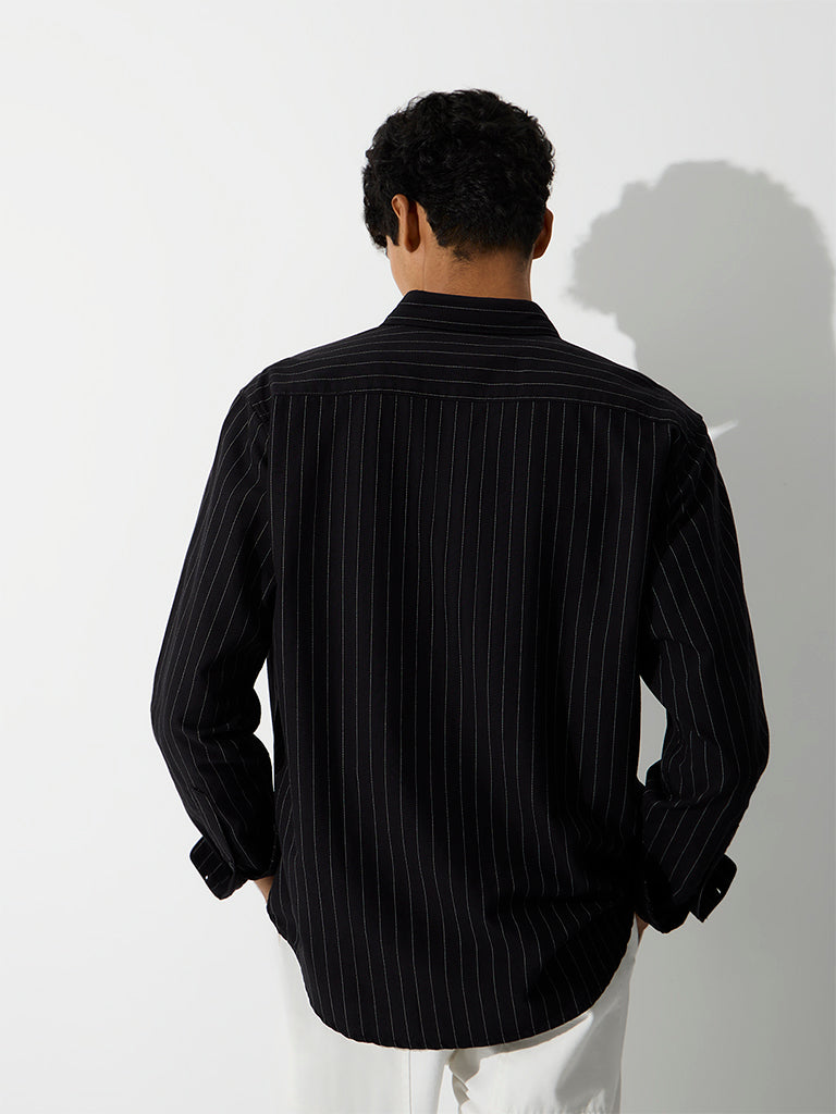 WES Casuals Black Pinstripe Printed Relaxed-Fit Cotton Shirt