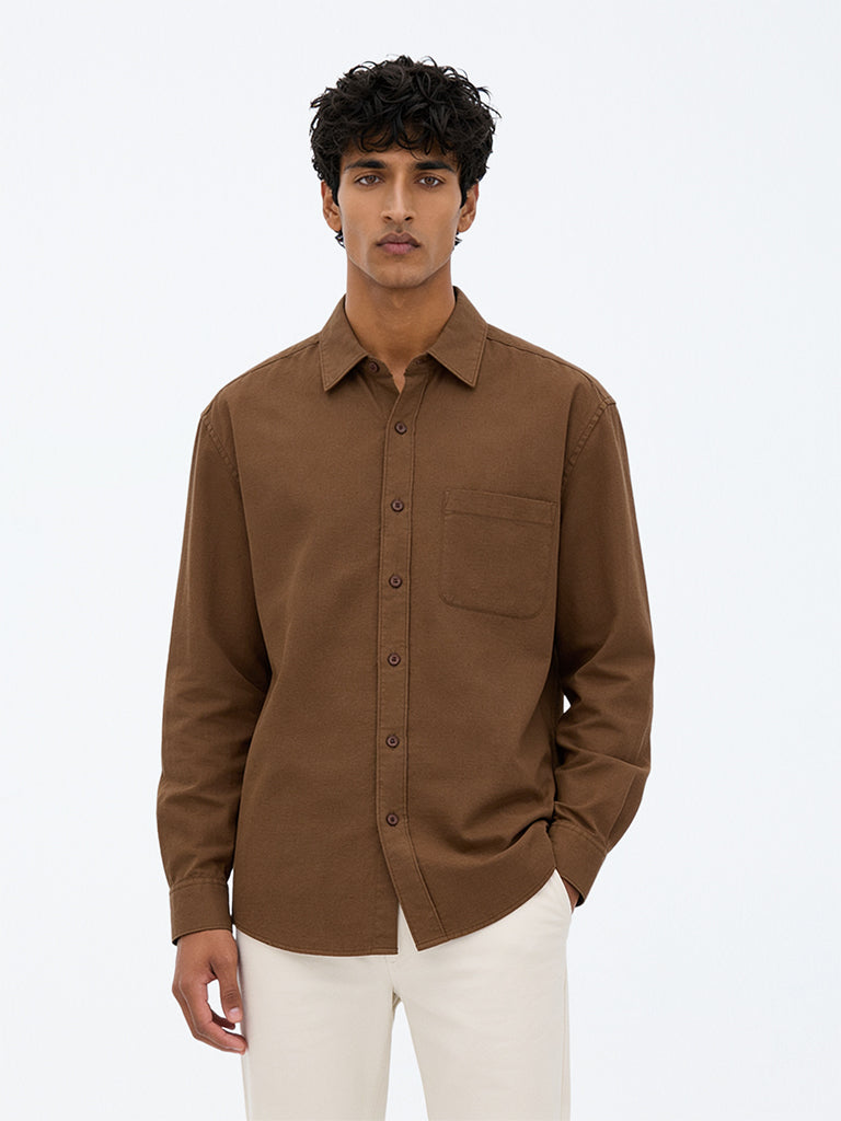 WES Casuals Brown Solid Relaxed-Fit Cotton-Blend Shirt