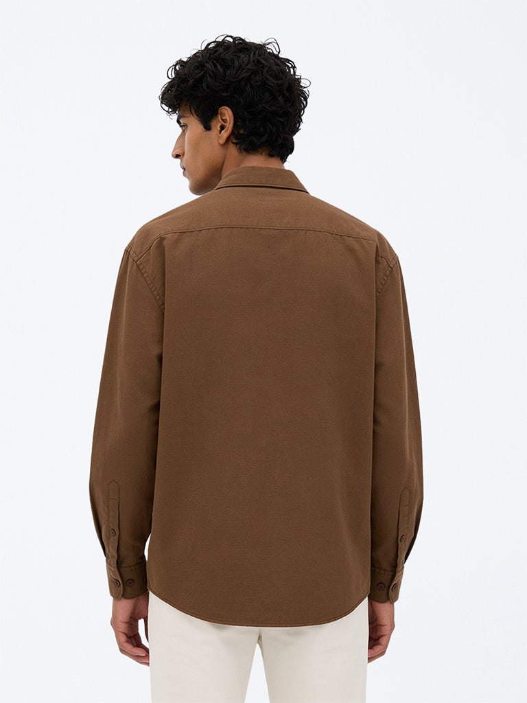 WES Casuals Brown Solid Relaxed-Fit Cotton-Blend Shirt