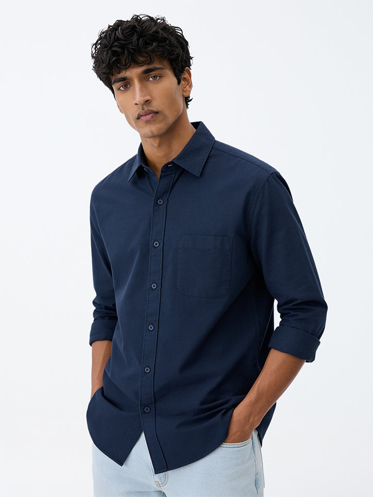 WES Casuals Navy Solid Relaxed-Fit Cotton-Blend Shirt