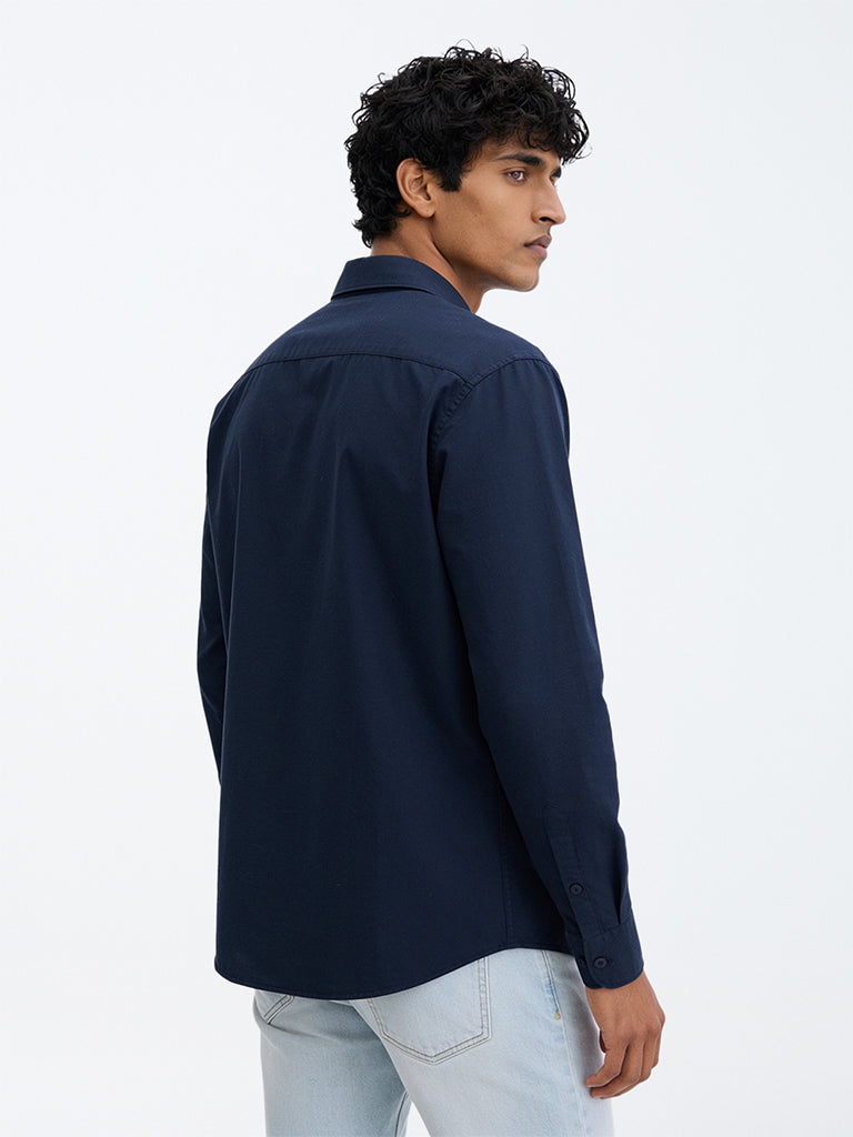 WES Casuals Navy Solid Relaxed-Fit Cotton-Blend Shirt