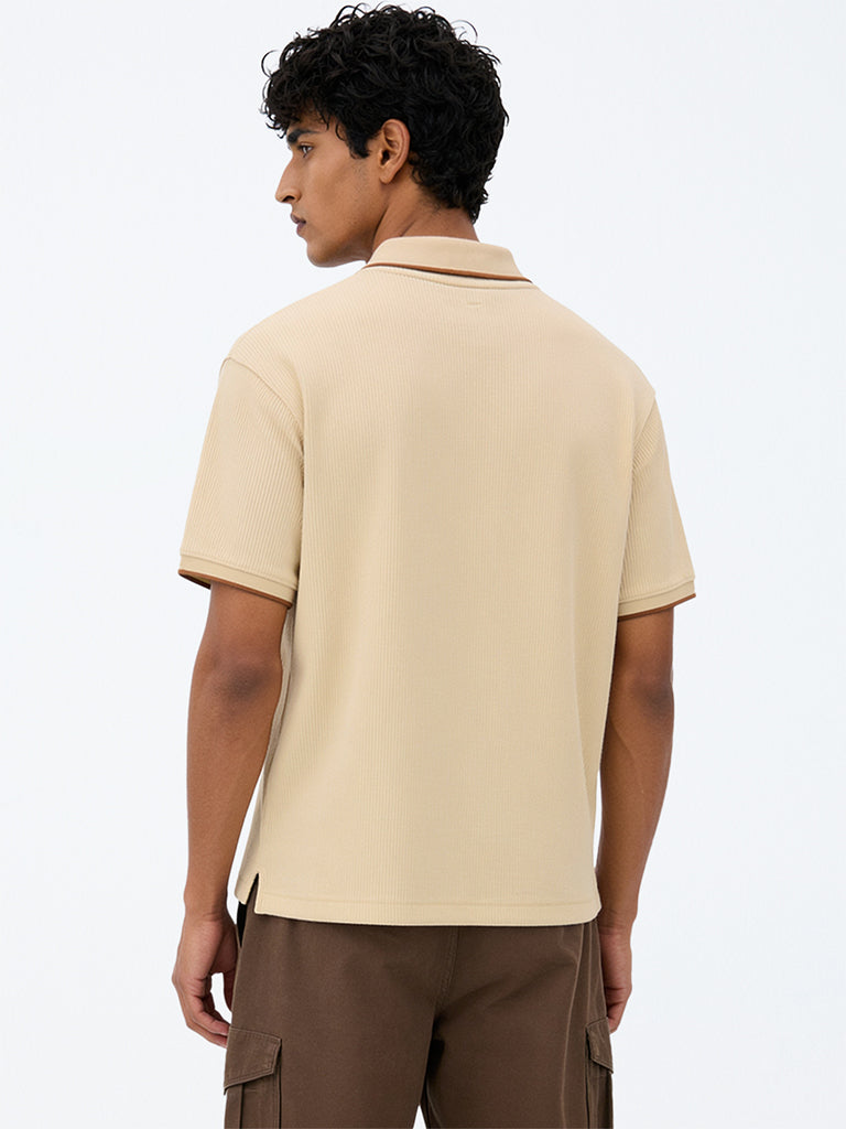 WES Casuals Beige Cotton-Blend Polo T-Shirt
