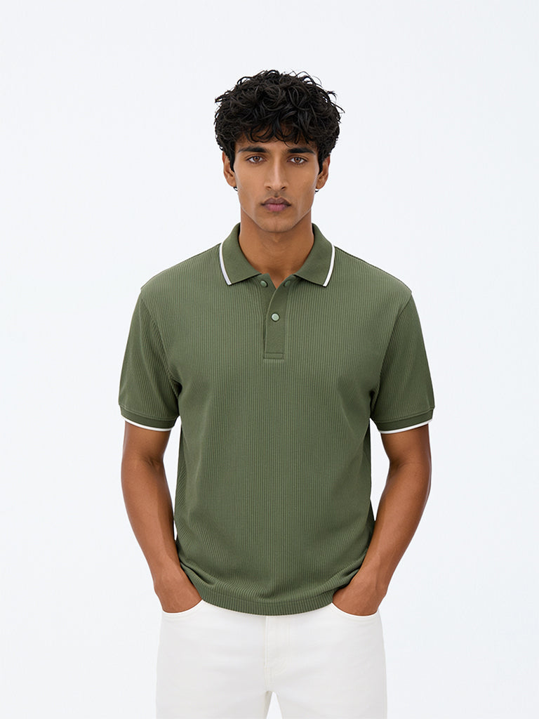 WES Casuals Dark Sage Relaxed-Fit Cotton-Blend Polo T-Shirt