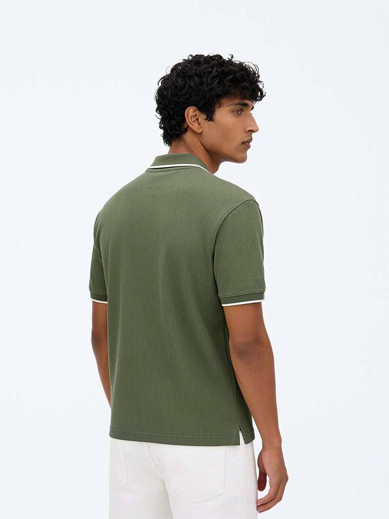 WES Casuals Dark Sage Relaxed-Fit Cotton-Blend Polo T-Shirt