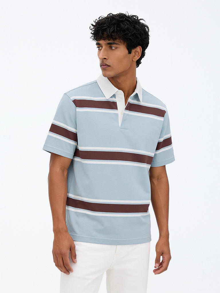 WES Casuals Light Blue Relaxed-Fit Cotton Polo T-Shirt
