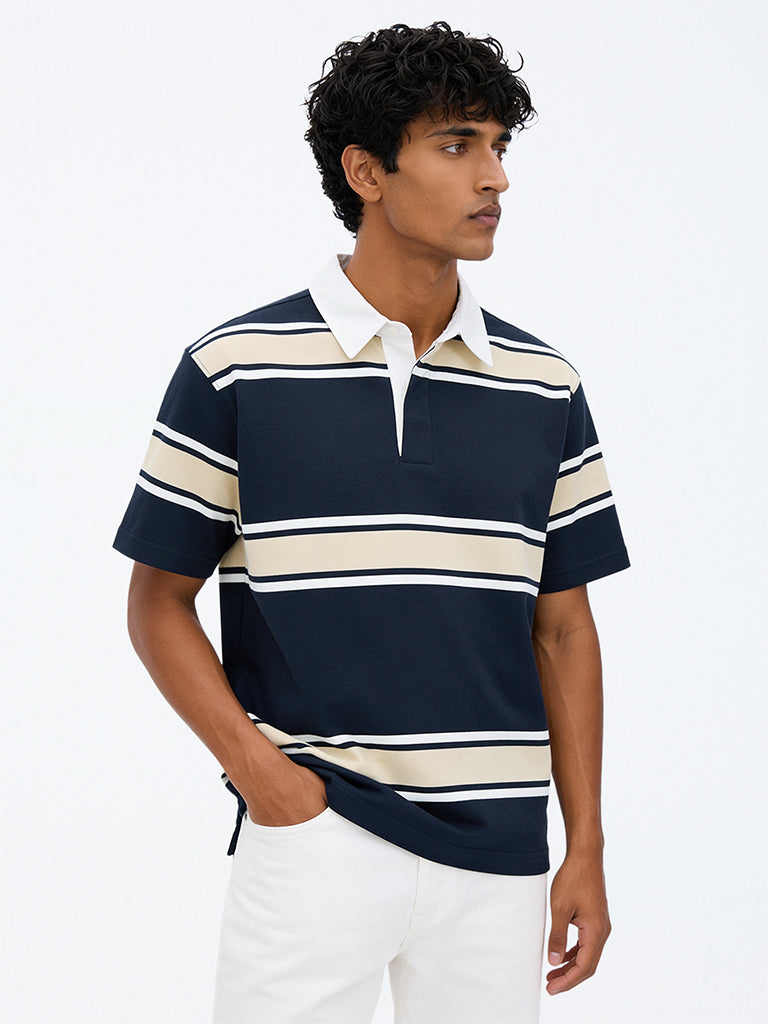 WES Casuals Navy Relaxed-Fit Cotton-Blend Polo T-Shirt