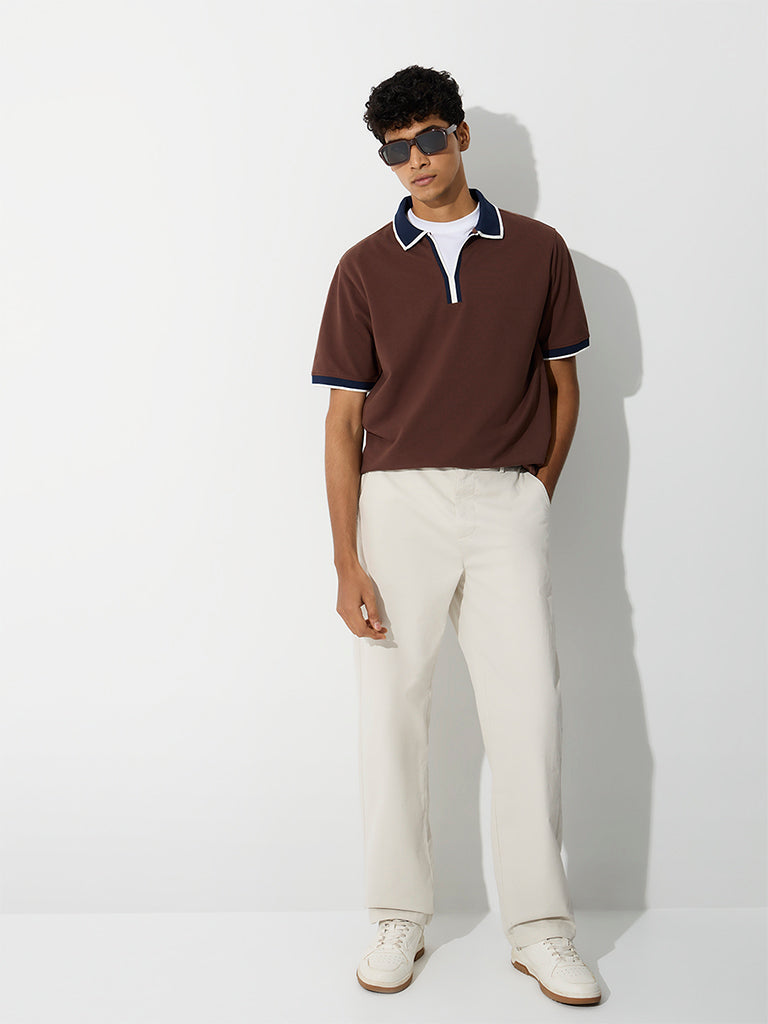 WES Casuals Brown Relaxed-Fit Cotton-Blend Polo T-Shirt