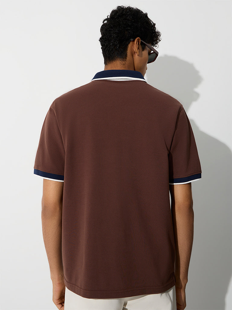WES Casuals Brown Relaxed-Fit Cotton-Blend Polo T-Shirt