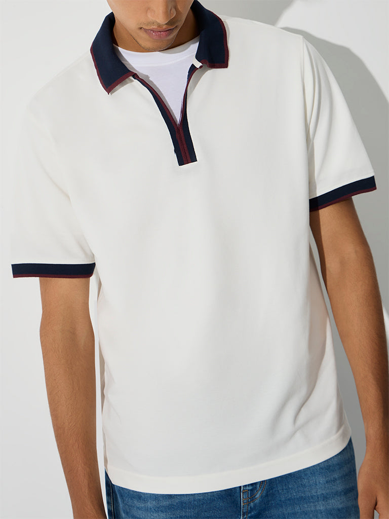 WES Casuals White Relaxed-Fit Cotton-Blend Polo T-Shirt