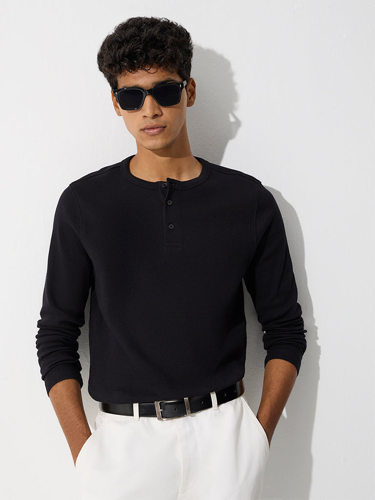 WES Casuals Black Ribbed Relaxed-Fit Cotton-Blend T-Shirt