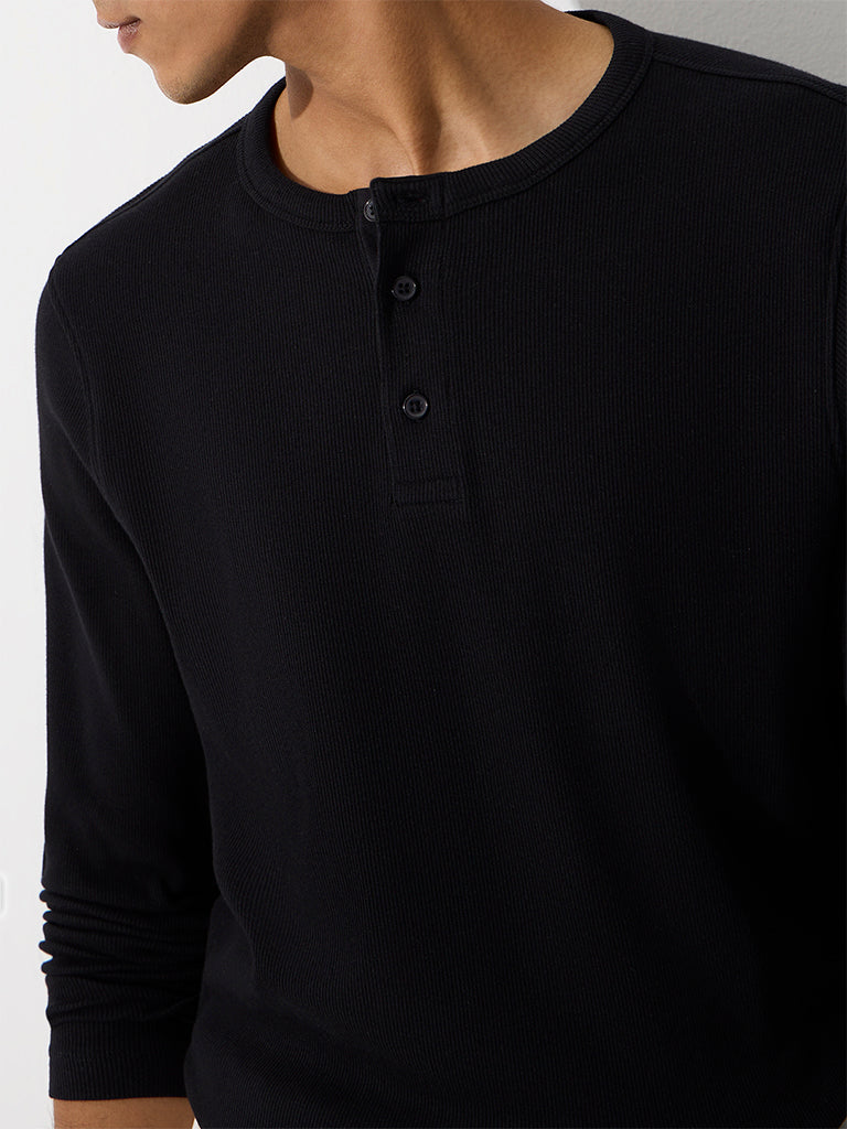 WES Casuals Black Ribbed Relaxed-Fit Cotton-Blend T-Shirt