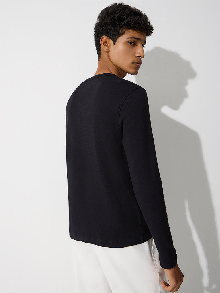 WES Casuals Black Ribbed Relaxed-Fit Cotton-Blend T-Shirt