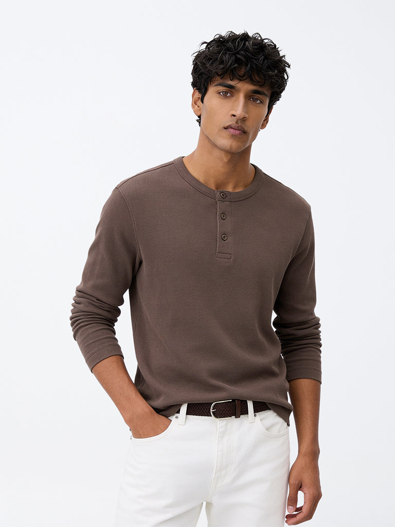 WES Casuals Dark Brown Relaxed-Fit Cotton-Blend T-Shirt