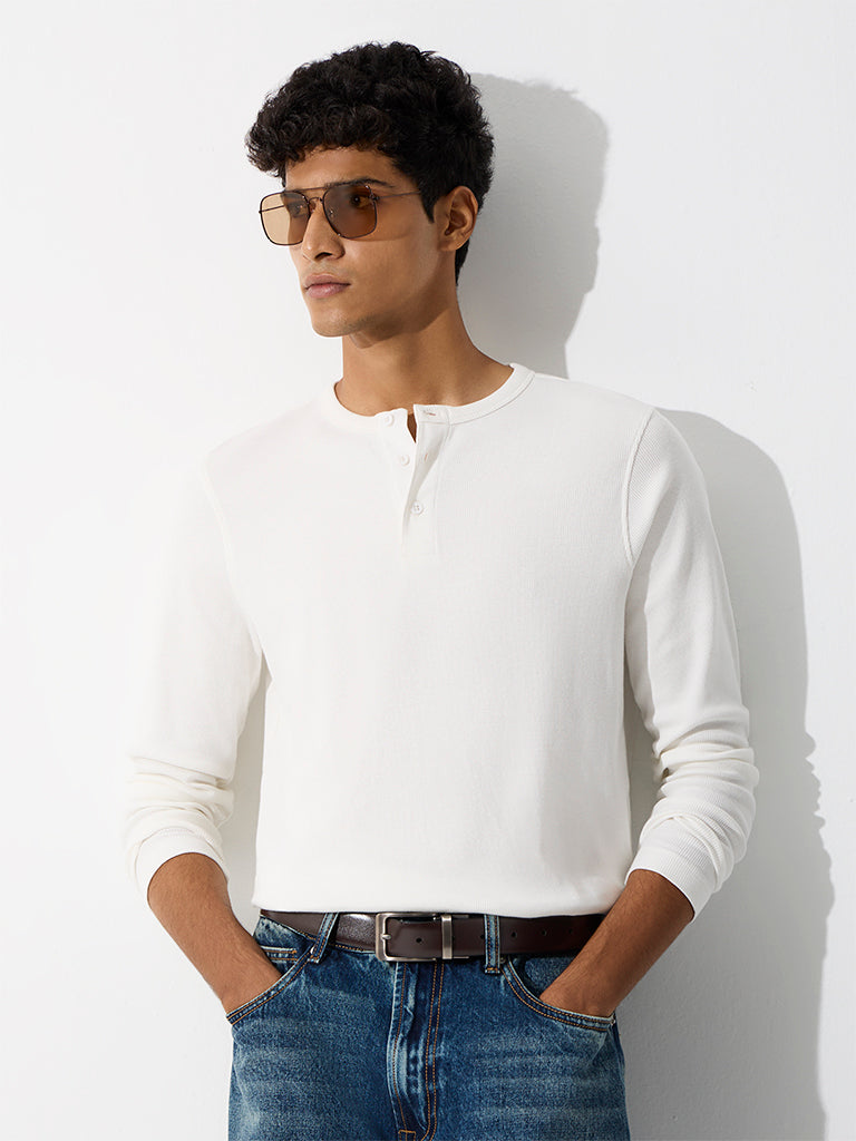WES Casuals White Ribbed Relaxed-Fit Cotton-Blend T-Shirt