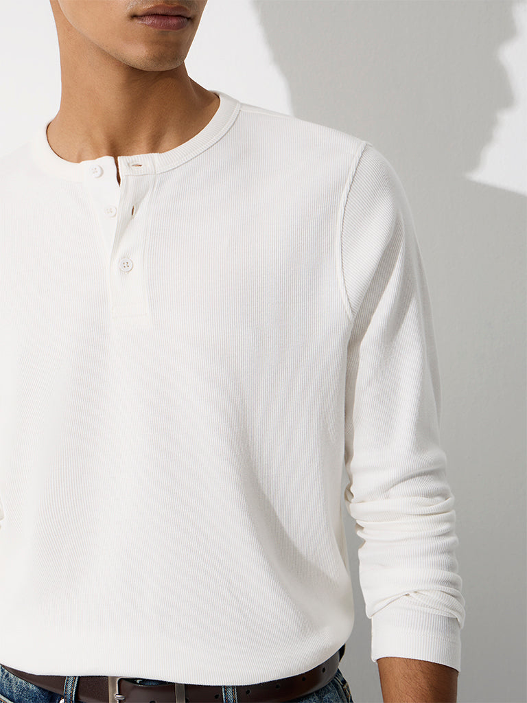WES Casuals White Ribbed Relaxed-Fit Cotton-Blend T-Shirt
