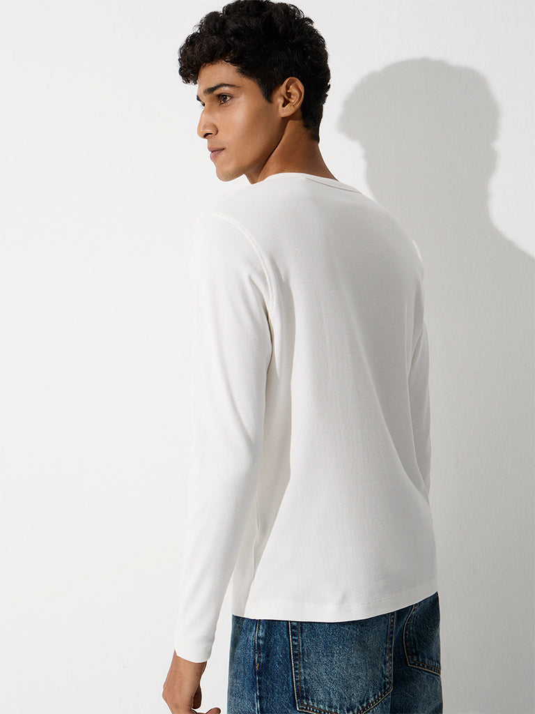 WES Casuals White Ribbed Relaxed-Fit Cotton-Blend T-Shirt