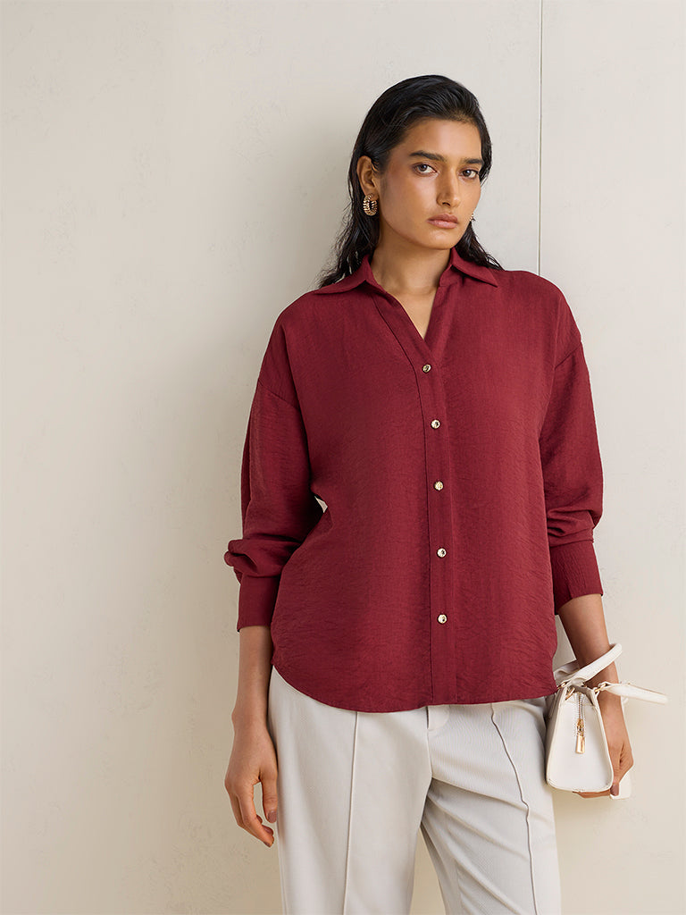 Wardrobe Maroon Self-Textured Cotton Shirt