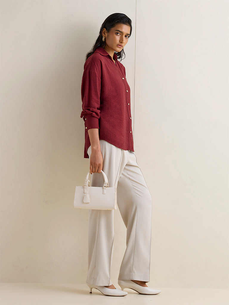 Wardrobe Maroon Self-Textured Cotton Shirt