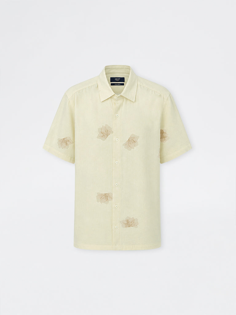 Ascot Beige Floral Printed Relaxed-Fit Linen-Blend Shirt