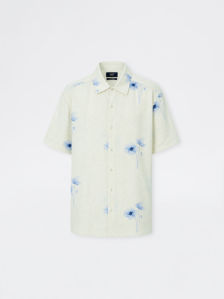 Ascot Off-White Floral Printed Relaxed-Fit Linen-Blend Shirt